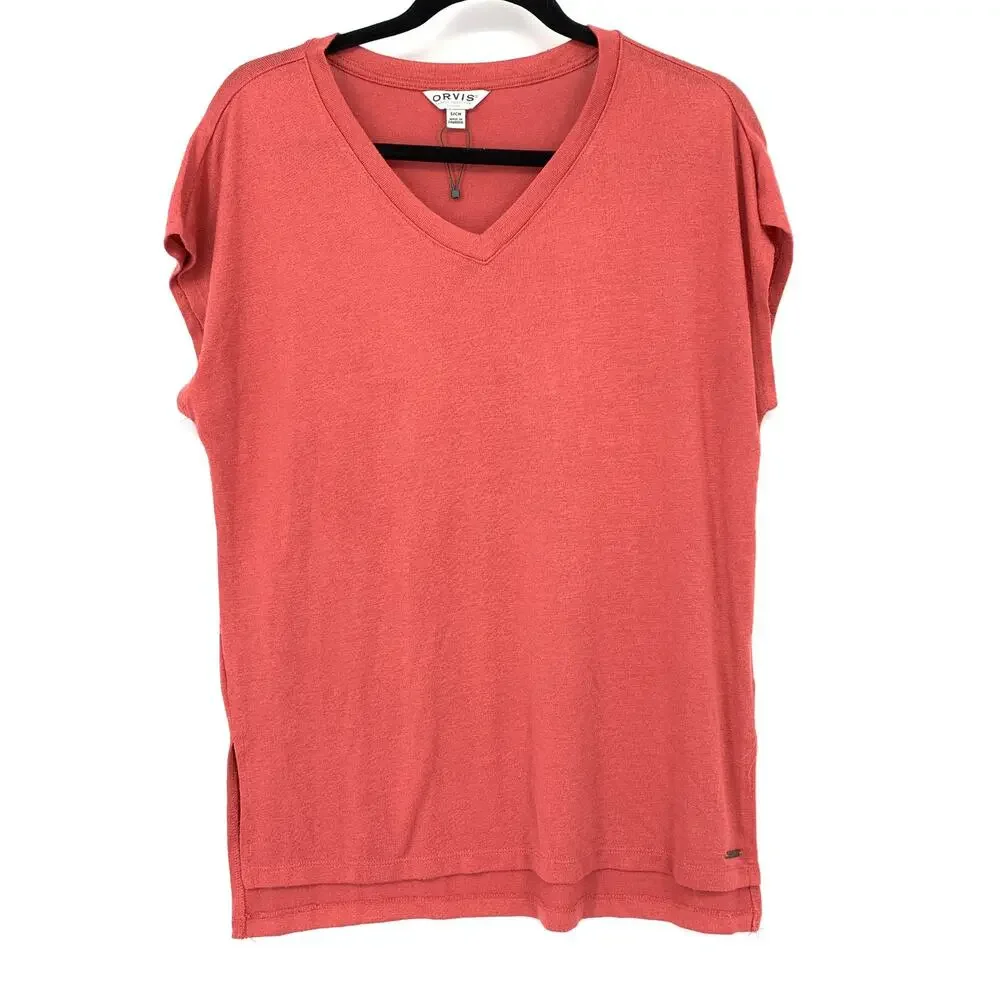 Orvis V-Neck Short Sleeve T-Shirt Womens Size Small Coral Orange Pink
